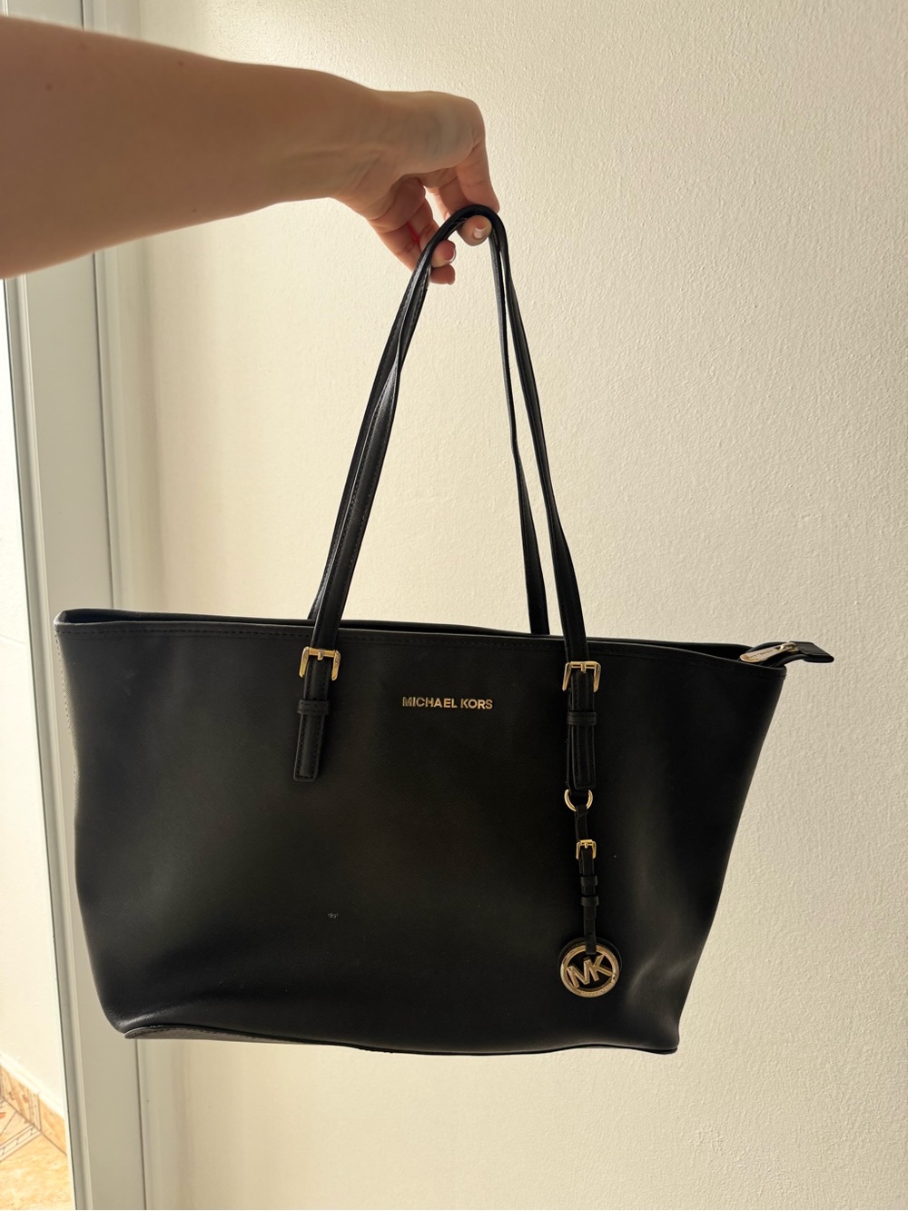 Michael Kors Black Leather Tote with Gold Hardware